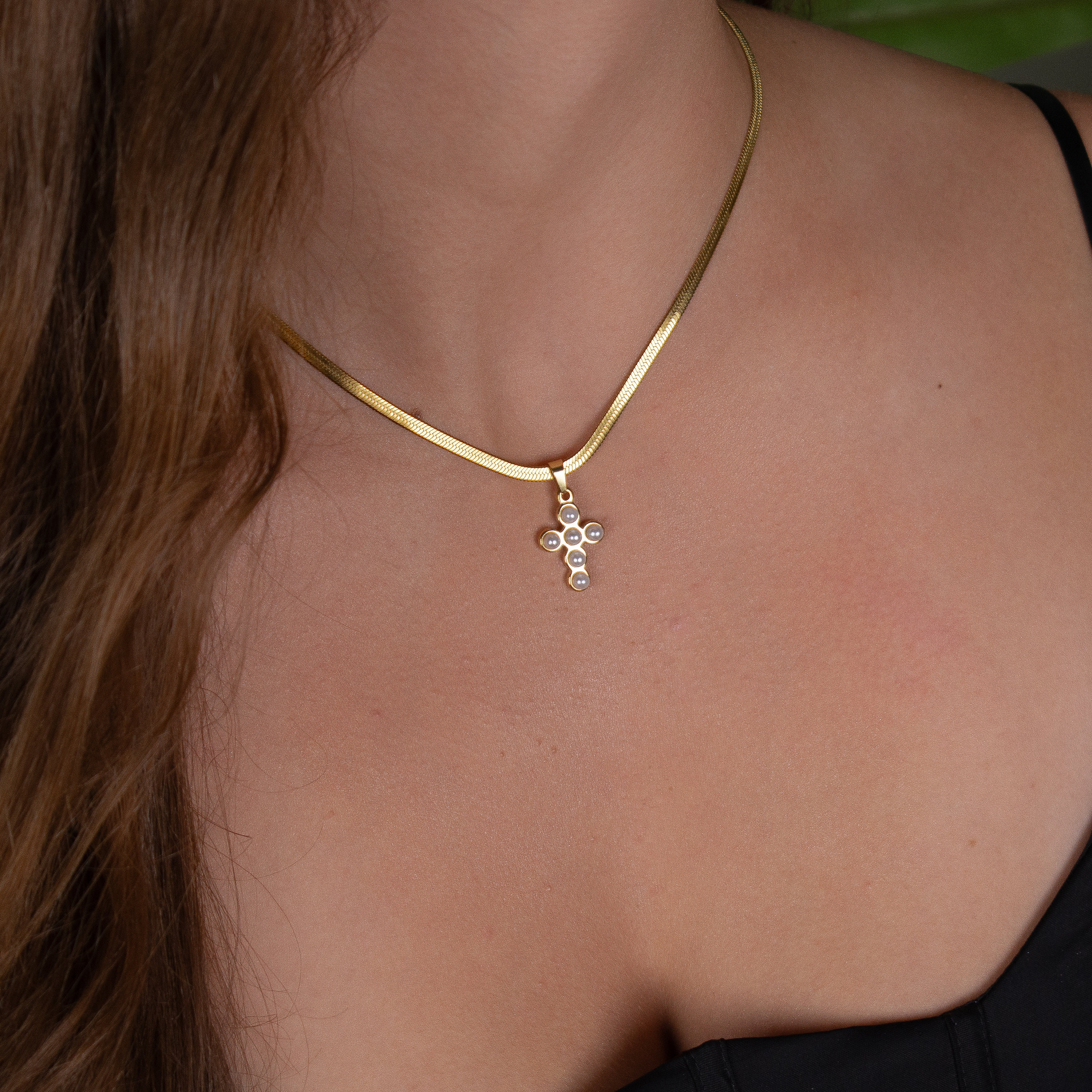 Gold Plated Herringbone Cross Pearl Charm Necklace