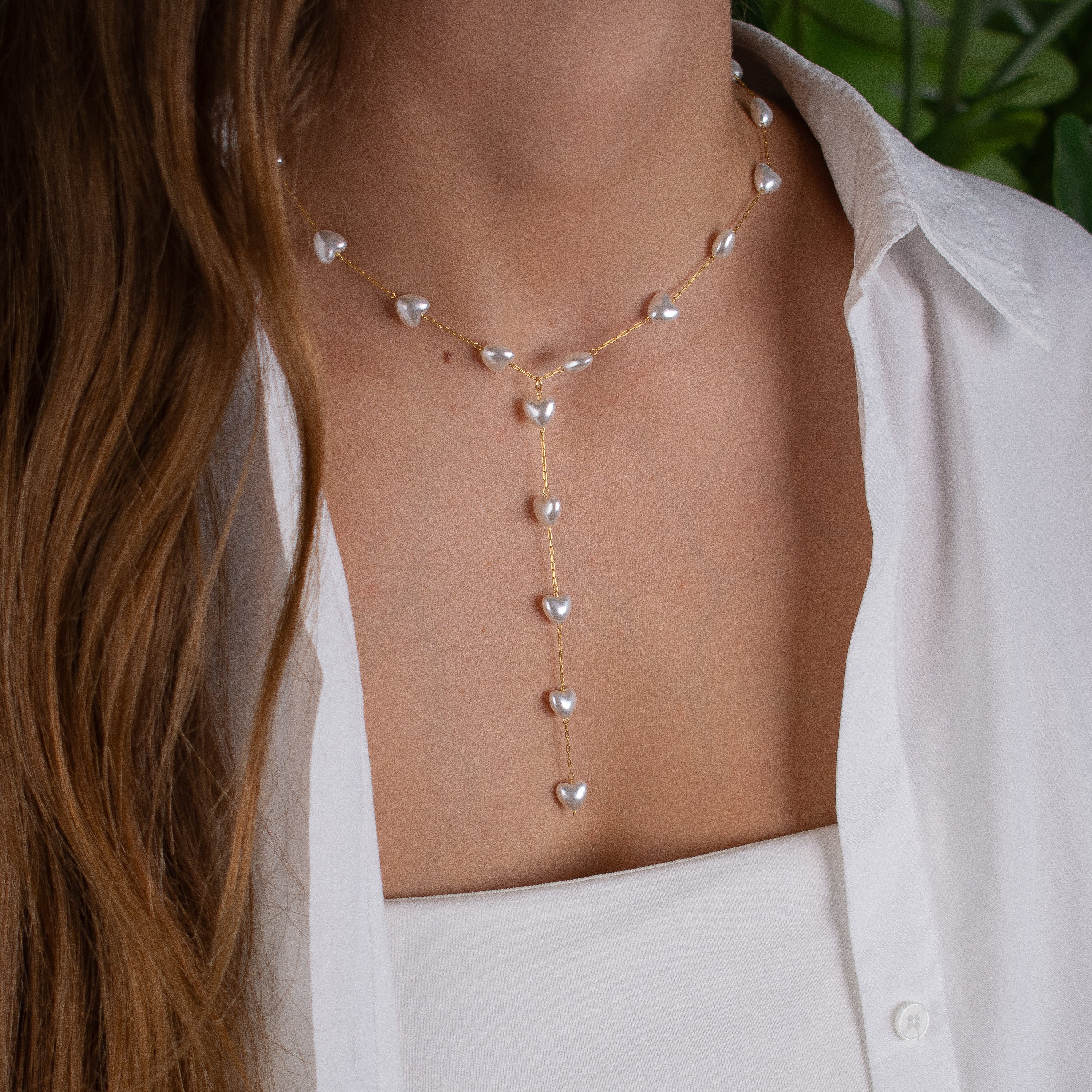 Gold White Heart Lariat Necklace