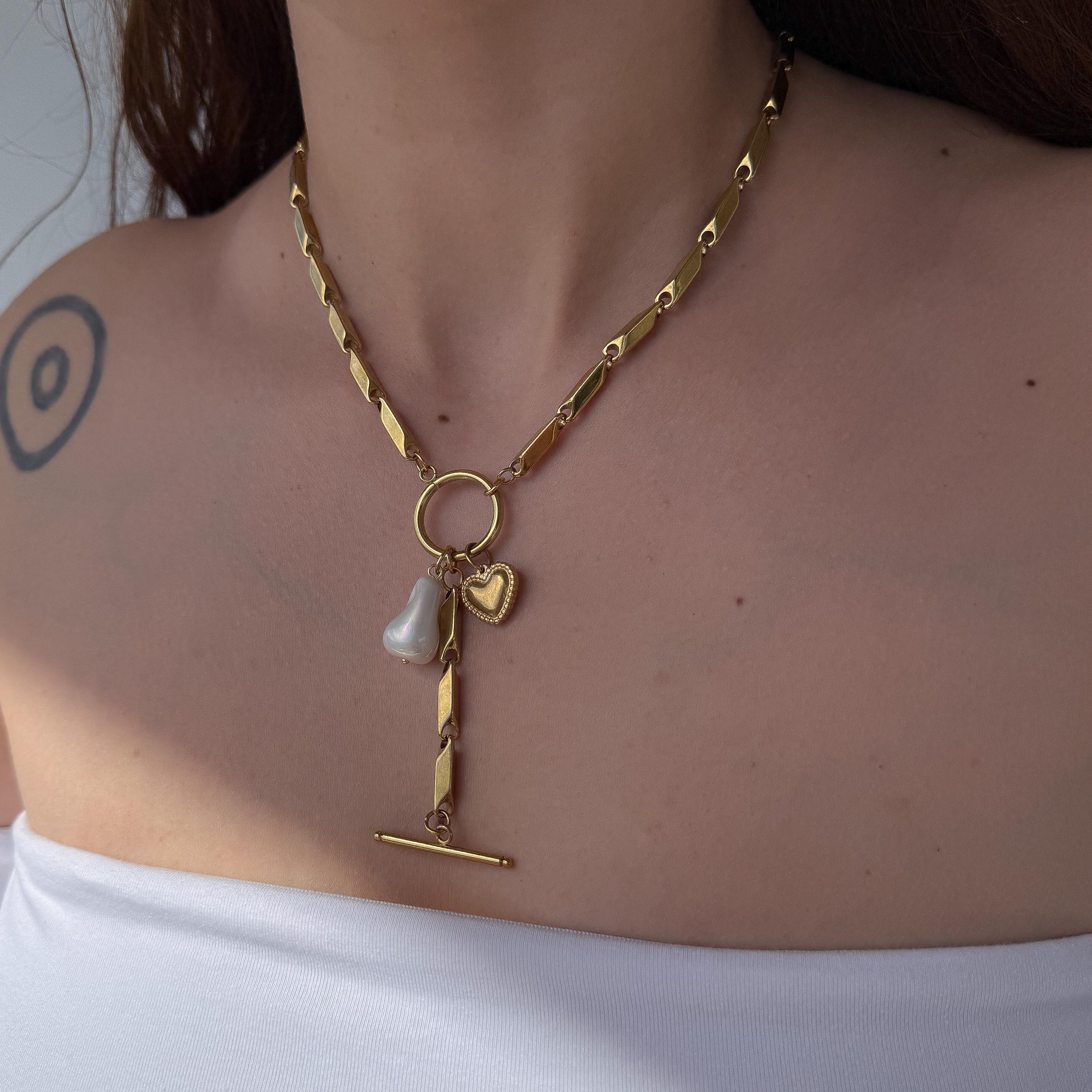 Gold Plated Heart Charm Glass Pearl Toggle Necklace