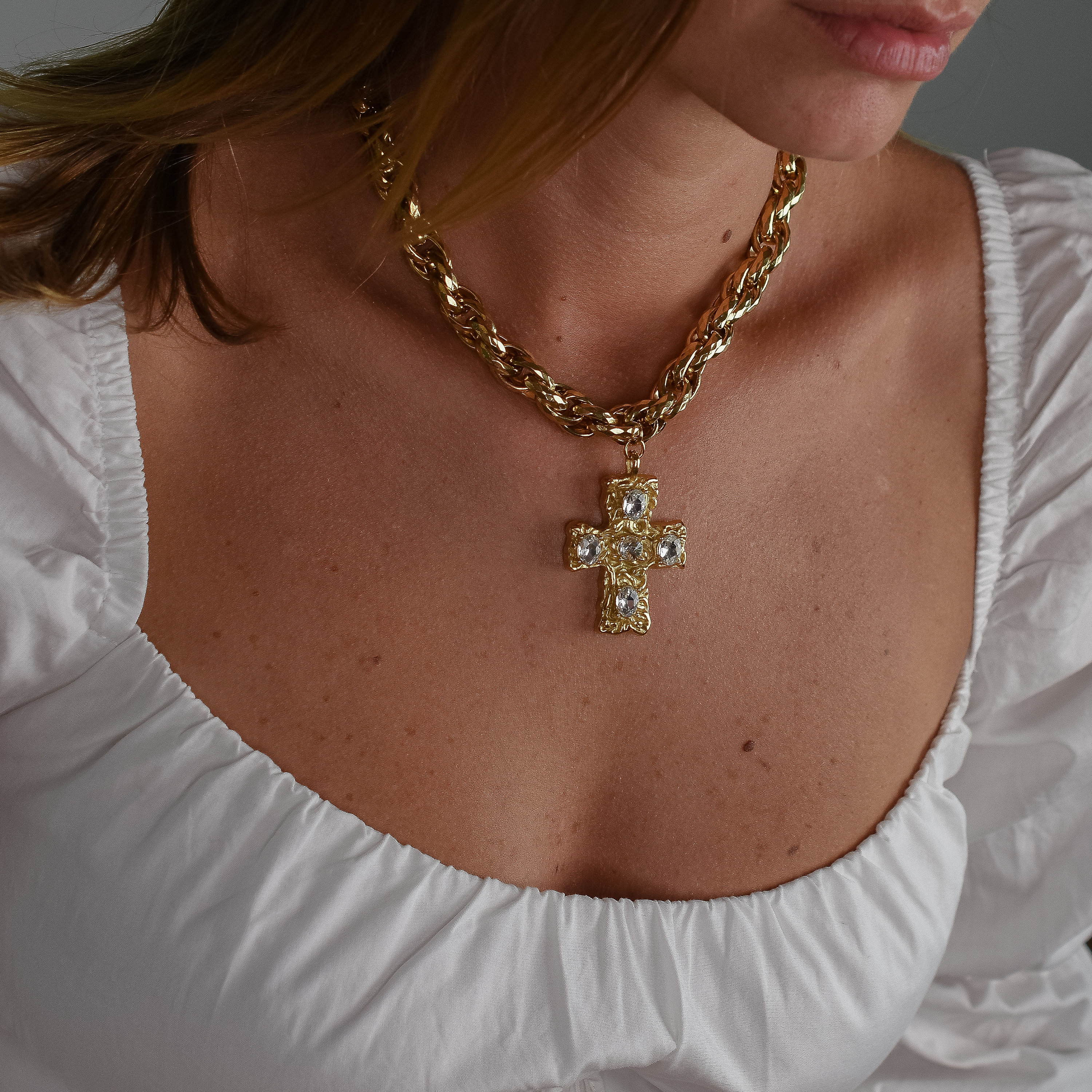 Gold Chunky Chain Crystal Cross Pendant Necklace