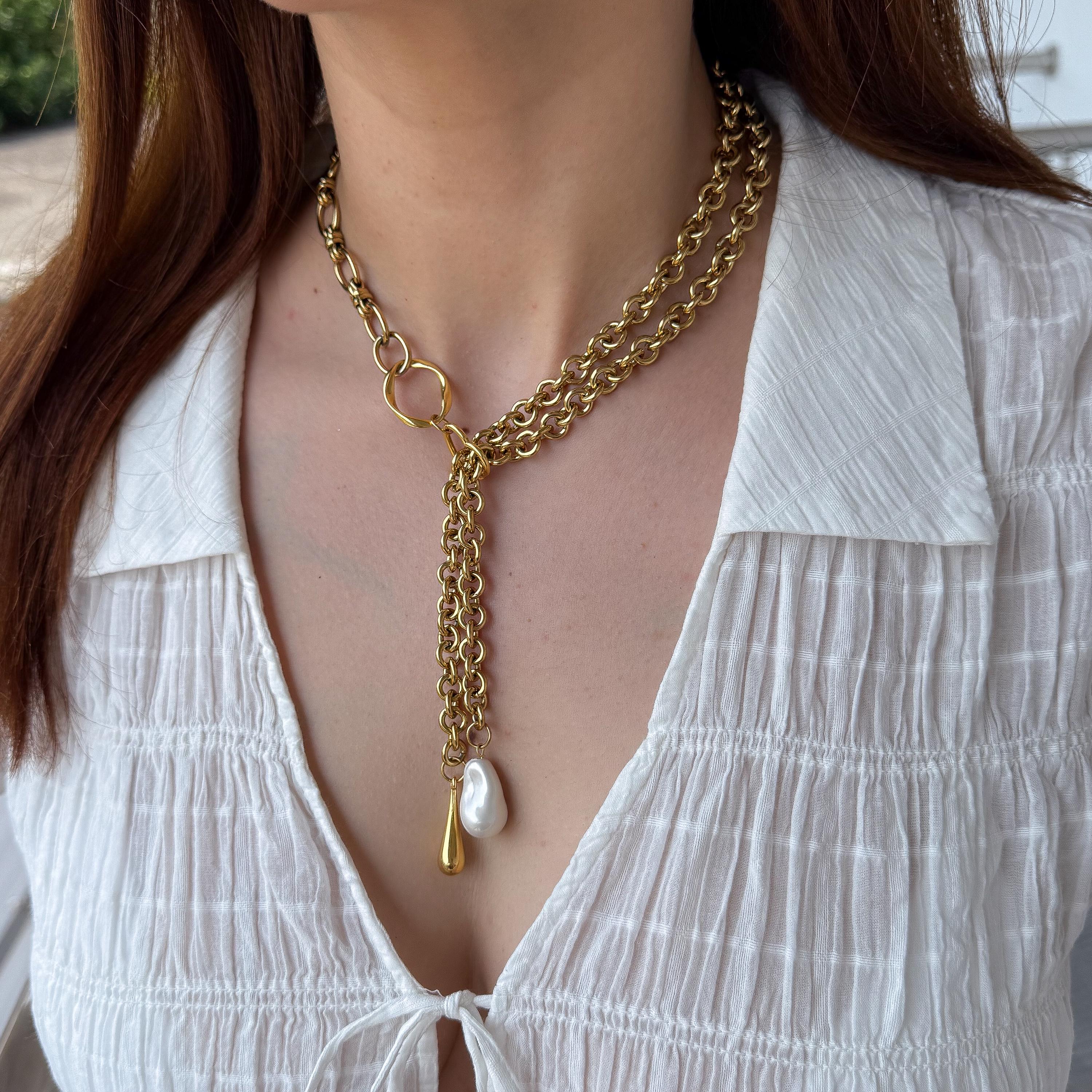 Gold Chunky Chain Heart Charm Pearl Drop Necklace