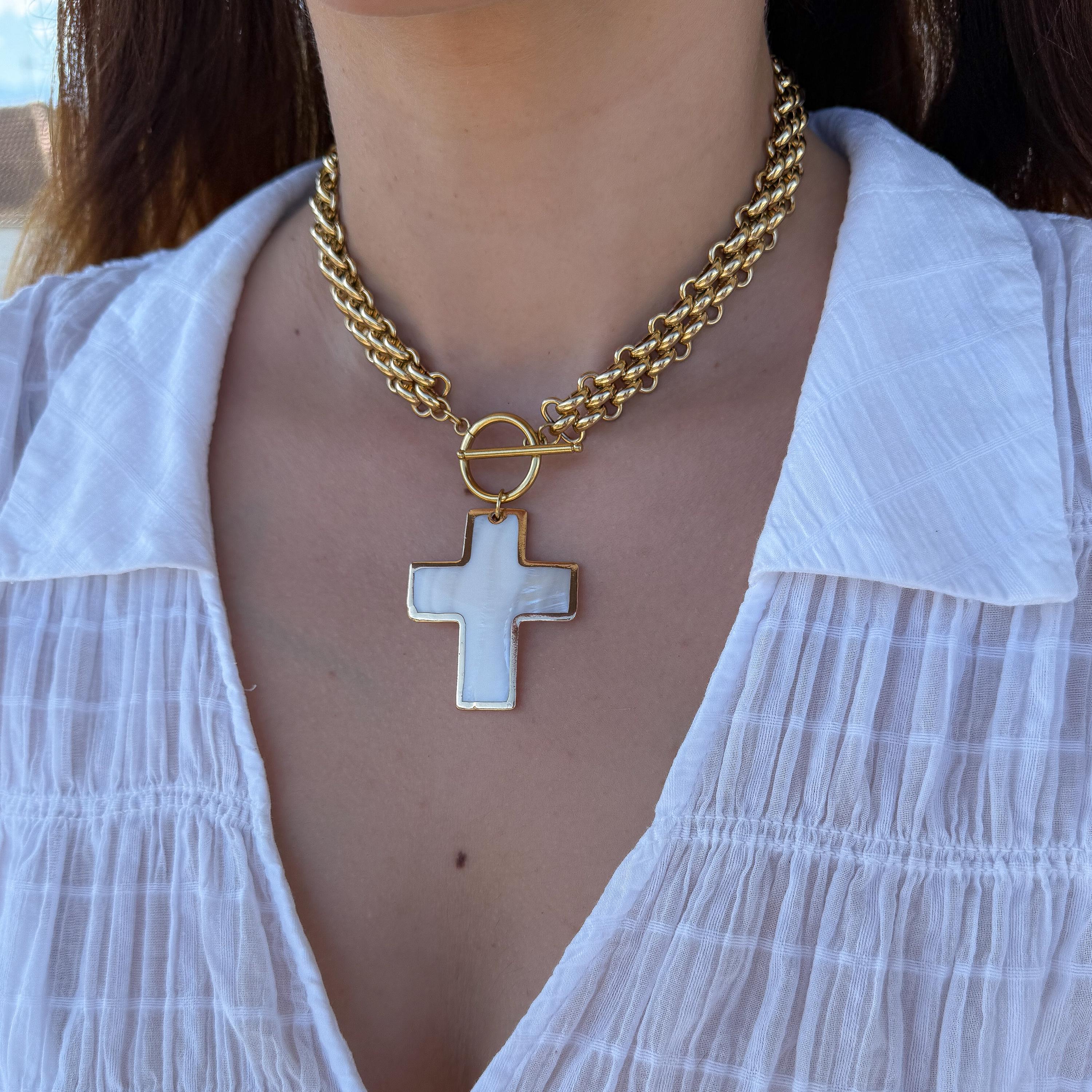 Gold Double Chain White Shell Cross Toggle Necklace