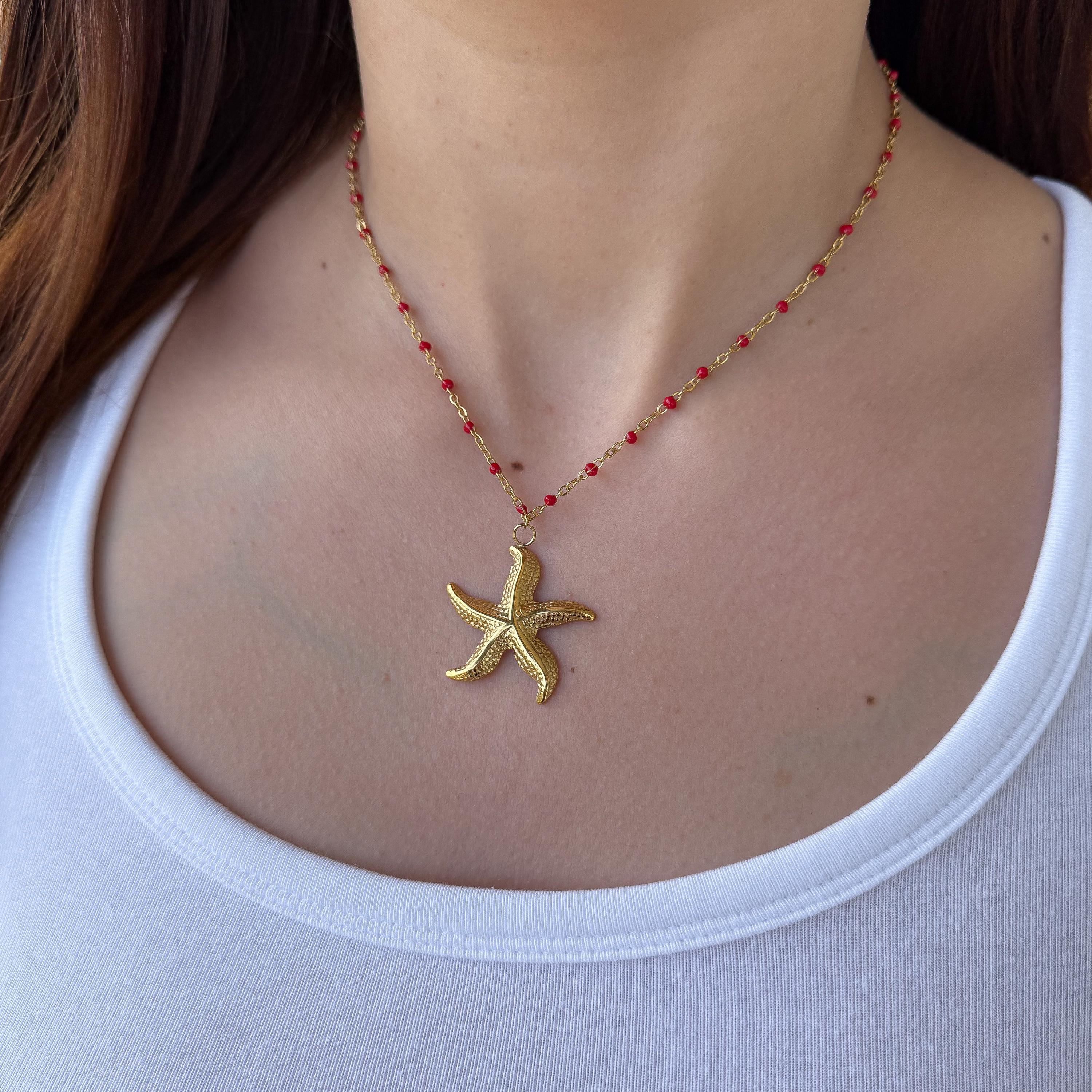 Gold Starfish Pendant Red Enamel Beaded Necklace