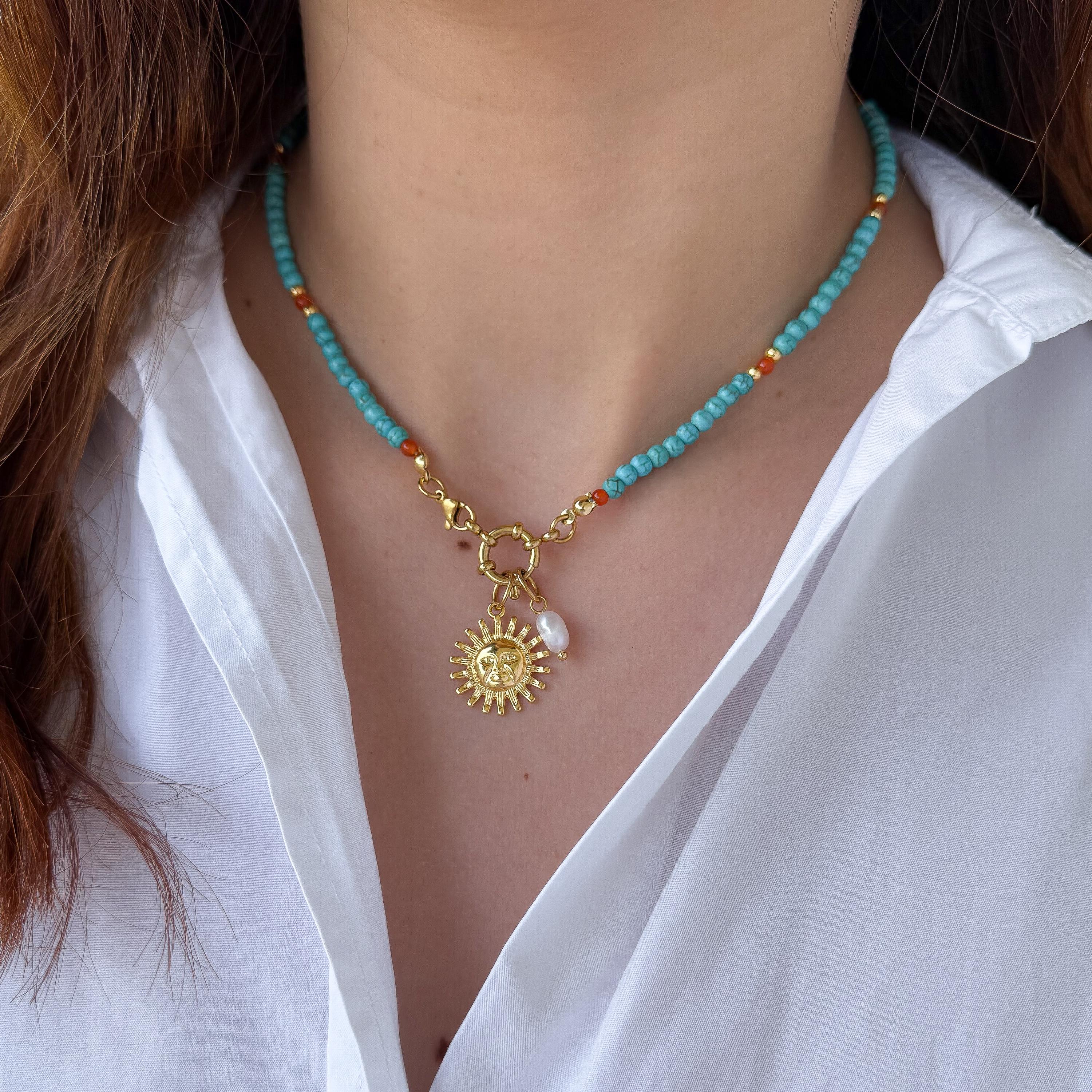 Gold Plated Sun Charm Turquoise Howlite Beaded Necklace