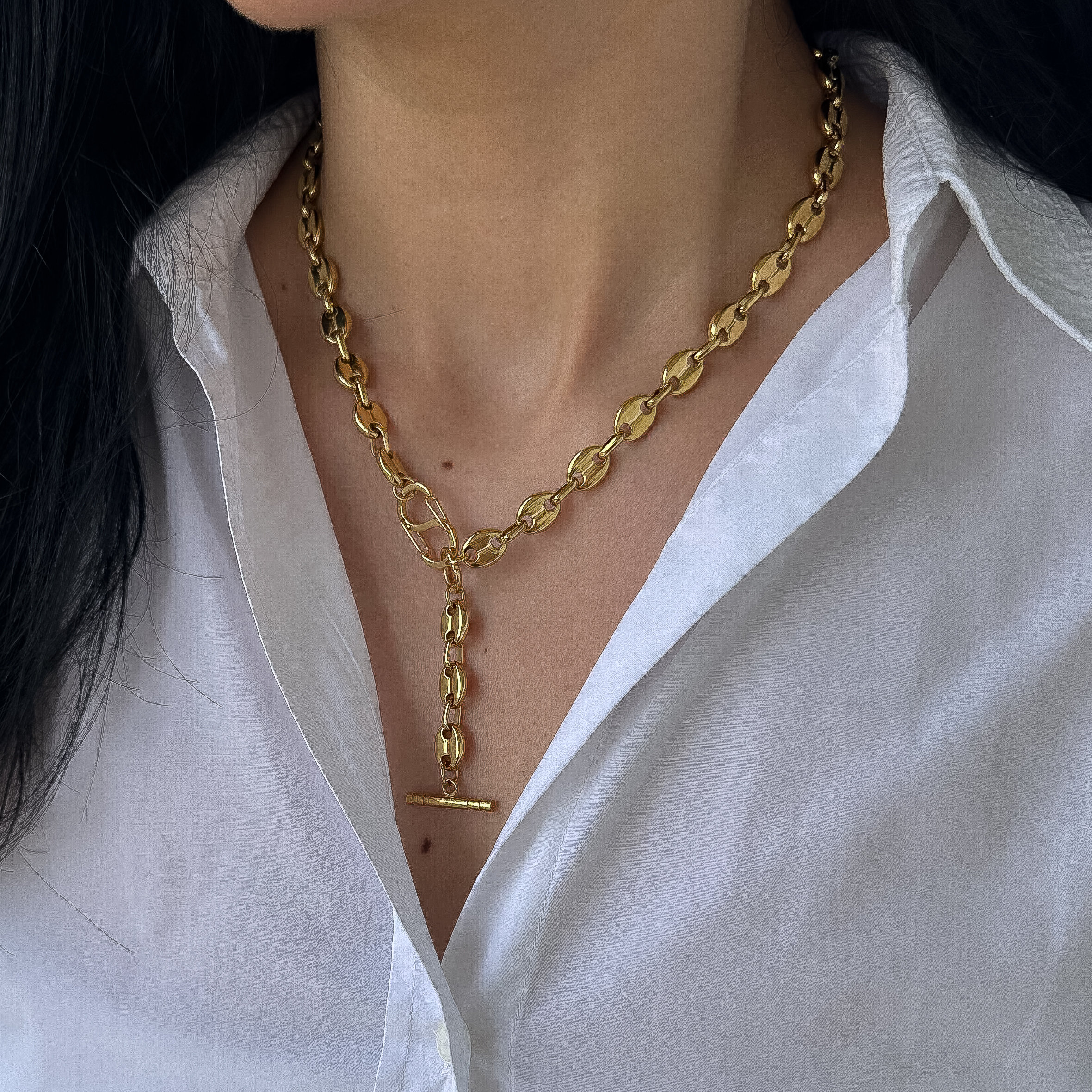 Gold Plated Chunky Oval Link Toggle Necklace